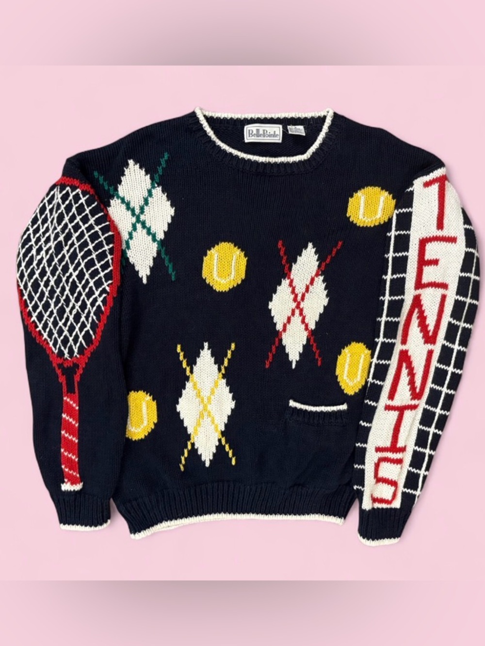 Vintage Belle Pointe Preppy Knit Navy & Cream Tennis Sweater Size Small